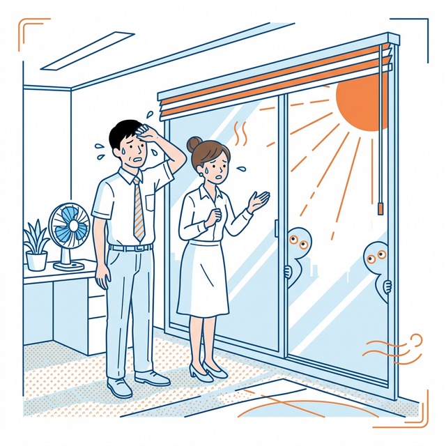 窓の暑さや視線に困っているイラスト